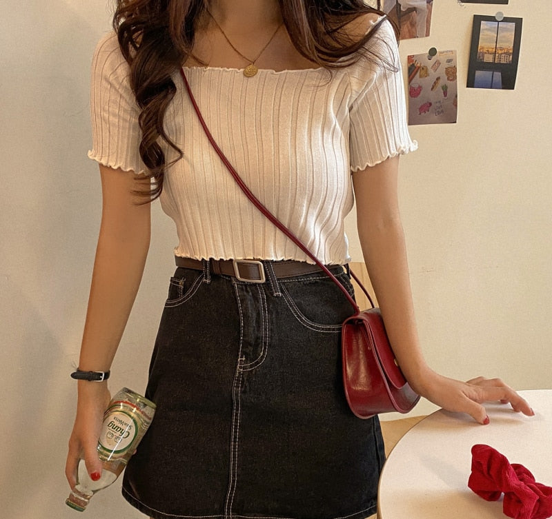 Women Off Shoulder T-shirts Knitted Ruffles Hem Crop Tops Short Sleeve T-shirts - MERGE.DAY.1.FREESTYLE