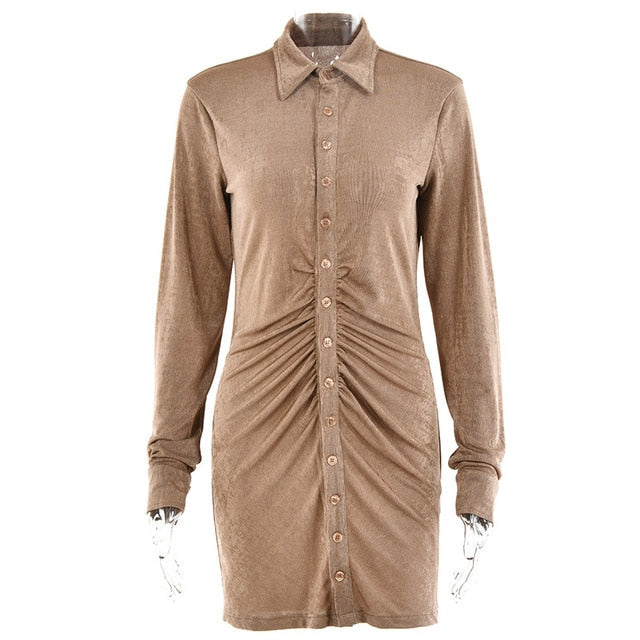 Autumn Ruched Long Sleeve Bodycon Dress Women Turn-Down Collar Sexy Mini Dress Vestidos 2022 - MERGE.DAY.1.FREESTYLE