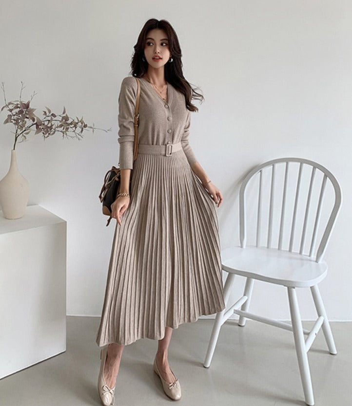 Single-breasted Women Sweater Dress Knitted Belted Female A-line soft dresses - MERGE.DAY.1.FREESTYLE