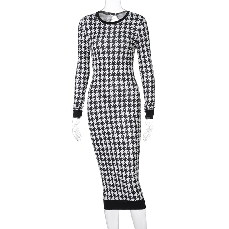 Houndstooth Print Women Long Sleeve Midi Dress Hollow Out Bodycon Streetwear - MERGE.DAY.1.FREESTYLE