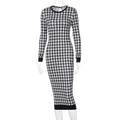 Houndstooth Print Women Long Sleeve Midi Dress Hollow Out Bodycon Streetwear - MERGE.DAY.1.FREESTYLE