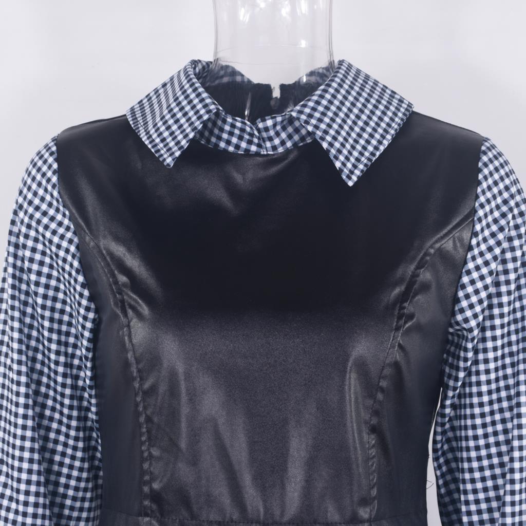 Long Sleeve Mini Shirt Dress For Women White 2022 Spring PU Leather Patchwork Plaid Dresses - MERGE.DAY.1.FREESTYLE