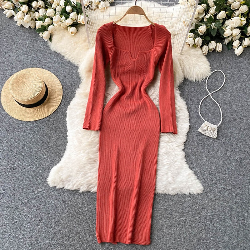 Strapless Ribbed Knitted Bodycon Dress Women Winter Long Sleeve Midi Sweater Dress - MERGE.DAY.1.FREESTYLE