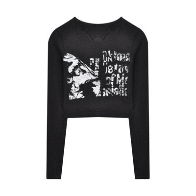 Knitted Crop Top Vintage Aesthetic Letter Printed Long Sleeve T-Shirts Sexy Slim Fit Tee Tops - MERGE.DAY.1.FREESTYLE