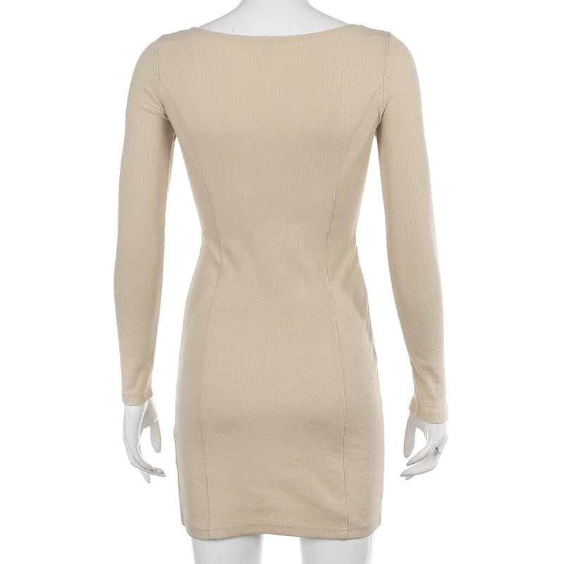 Square Neck Ribbed Black Dress Female Knitted Side Split Bodycon Dress Long Sleeve Mini Dresses - MERGE.DAY.1.FREESTYLE
