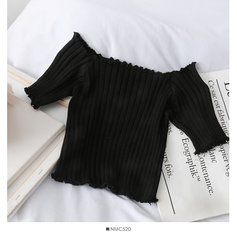 Women Off Shoulder T-shirts Knitted Ruffles Hem Crop Tops Short Sleeve T-shirts - MERGE.DAY.1.FREESTYLE