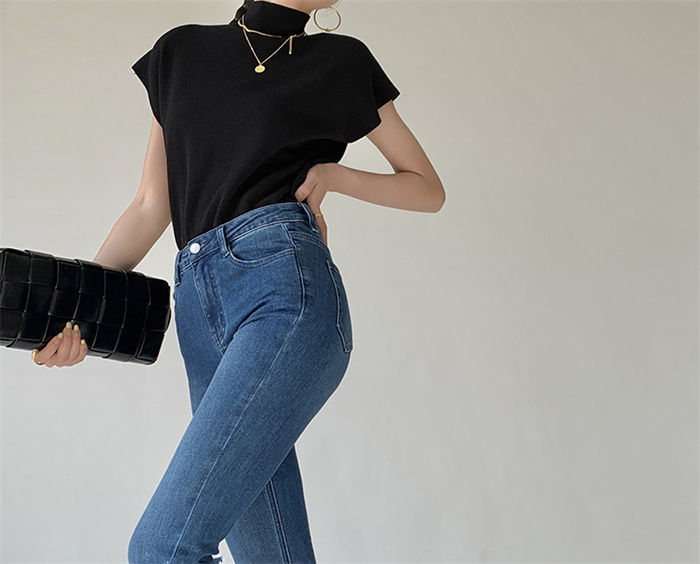 French Turtleneck Knitted Women Spring Summer Design Loose Short Sleeve Cropped Tops Female - MERGE.DAY.1.FREESTYLE