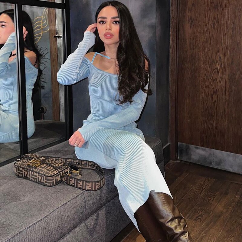 ibbed Solid Slash Neck Slip Long Sleeves Bodycon Mini Dress Streetwear Y2K - MERGE.DAY.1.FREESTYLE