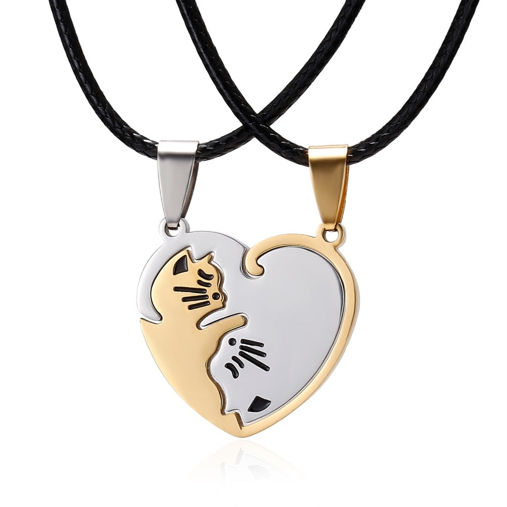 Black White Cat Stitching Necklace Friendship Heart Shape Gold White Cat Cute Couple Jewelry - MERGE.DAY.1.FREESTYLE