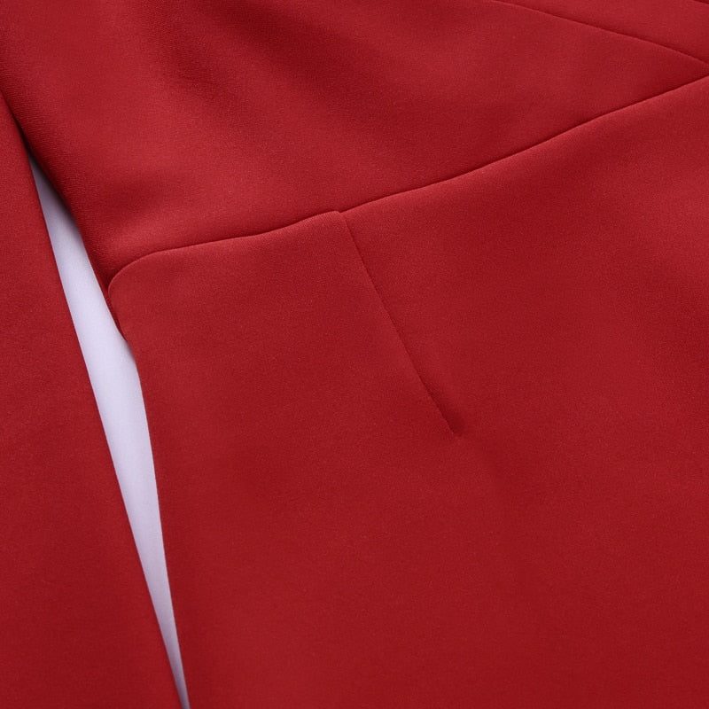 Slim V Neck Long Sleeve Mid Calf Pencil Dress 2022 Casual Office Lady Solid Red Puff Sleeve - MERGE.DAY.1.FREESTYLE