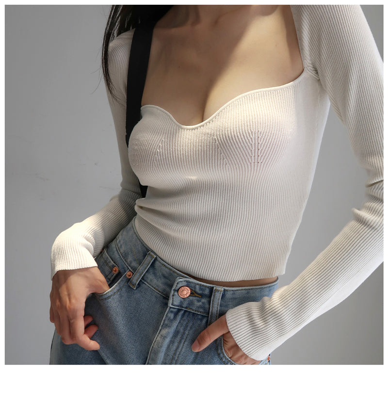 French Vintage Square Neck Knitted Tops Women Skinny Long Sleeve Pullover T-shirts Female - MERGE.DAY.1.FREESTYLE