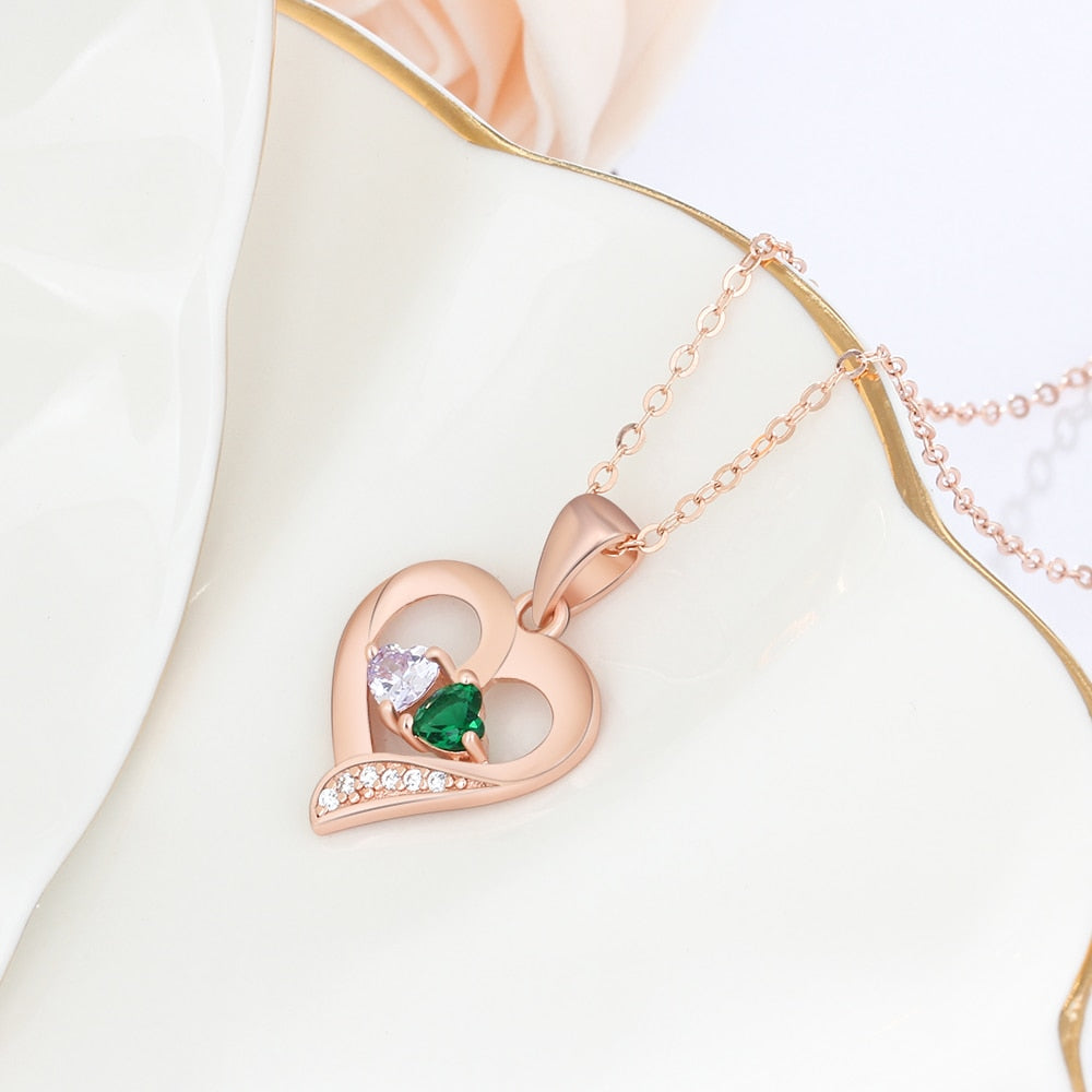 925 Sterling Silver Name Necklace with 2 Birthstones Custom Engraved Heart Pendant - MERGE.DAY.1.FREESTYLE