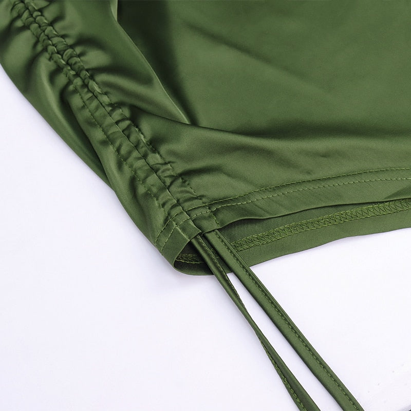 Ruched Satin Summer Dress Drawstring Spaghetti Straps Cowl Neck Backless Long Dresses - MERGE.DAY.1.FREESTYLE