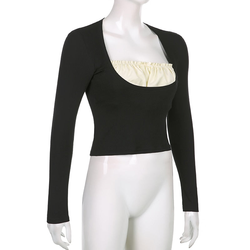 Patchwork Slim Tops Tee Long Sleeves Square Collar Retro Casual Tshirts - MERGE.DAY.1.FREESTYLE