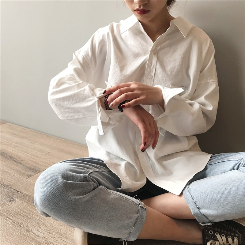 Loose Turn-down Collar Solid Female Shirts Tops Spring Summer Blouses - MERGE.DAY.1.FREESTYLE