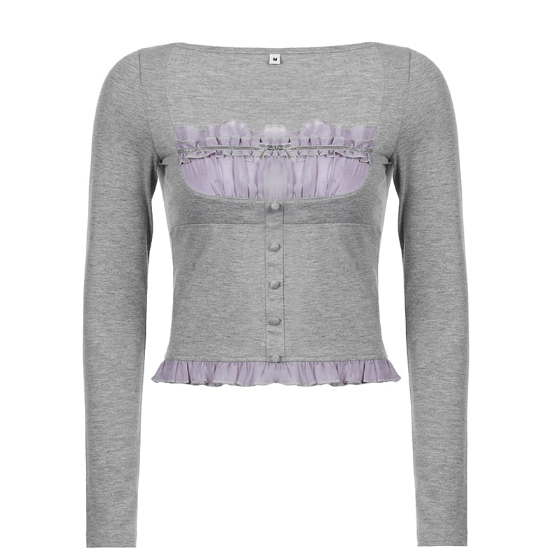 Sweet Cute Crop Top Lace Frill Bow Pullovers Vintage Square Collar T Shirt - MERGE.DAY.1.FREESTYLE