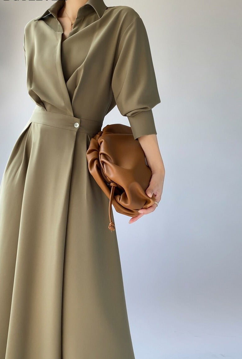 Turn-down Collar Women A-line Dress Long Sleeve Slim Waist Vestidos - MERGE.DAY.1.FREESTYLE