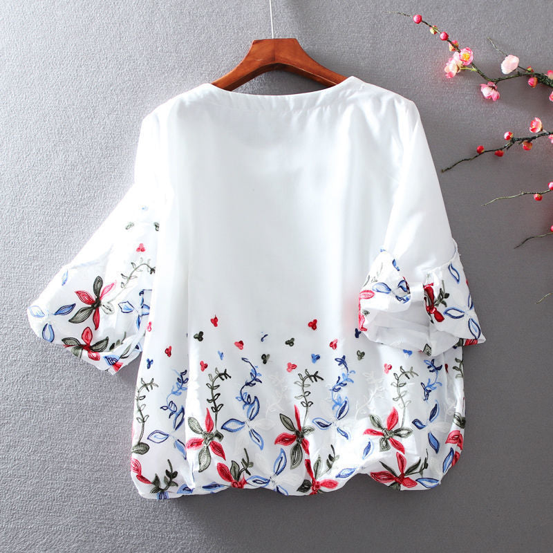 White Chiffon Blouse Short Sleeve Women Stripe Flower Print Top Loose Shirt - MERGE.DAY.1.FREESTYLE