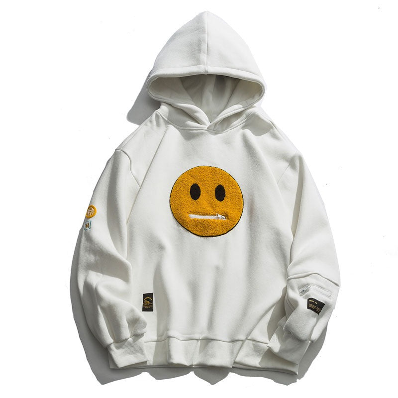 Zipper Pocket Smile Face Patchwork Fleece Hoodies Sweatshirts Streetwear - MERGE.DAY.1.FREESTYLE