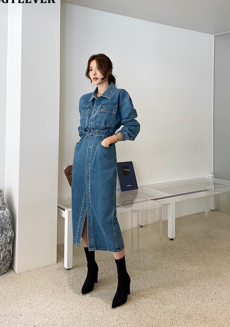 Denim Dress Full Sleeve Single-breasted Pockets Slim Waist Mid-length - MERGE.DAY.1.FREESTYLE
