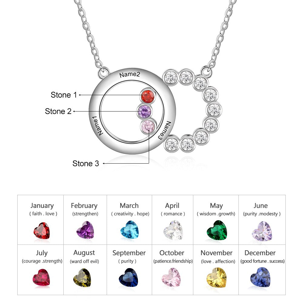 Personalized Name Interlocking Circle Pendants Custom 3 Birthstones Necklaces - MERGE.DAY.1.FREESTYLE