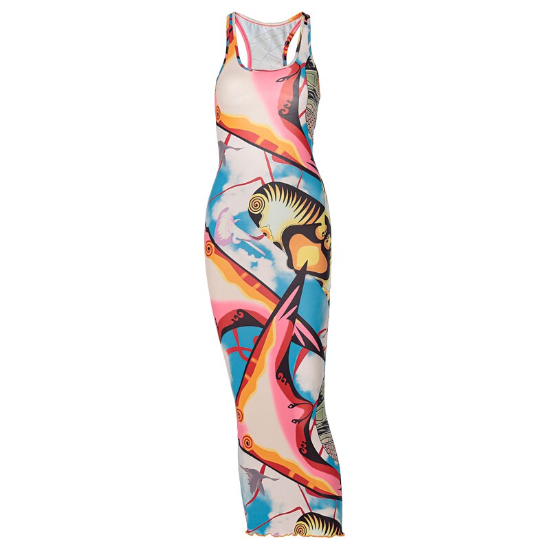Sleeveless Hollow Out Straps Asymmetric Print Backless Ruched Sexy Maxi Dress - MERGE.DAY.1.FREESTYLE