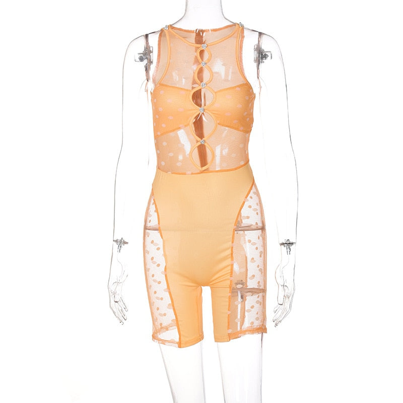Mesh Sheer Patchwork Playsuit Birthday for Women Y2k Clothes Shorts Rompers - MERGE.DAY.1.FREESTYLE