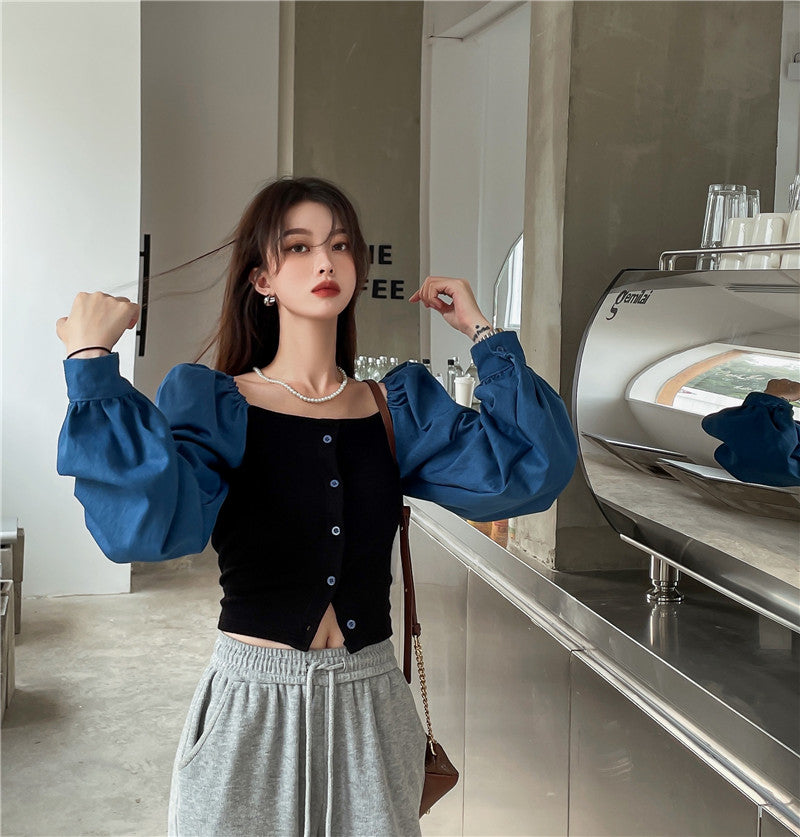 Patchwork Denim Shirts Women French Square Collar Puff Blouses Long Sleeve Crop Tops - MERGE.DAY.1.FREESTYLE
