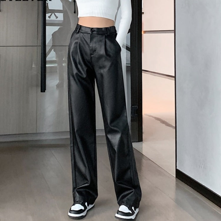 Loose PU Leather Pants Ladies High Waist Straight Faux Leather Trousers - MERGE.DAY.1.FREESTYLE
