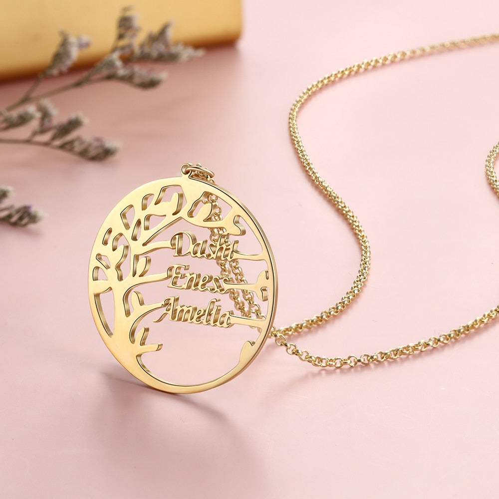 Family Tree Necklace Customized Nameplate with 3 Names Round Tree of Life Pendant - MERGE.DAY.1.FREESTYLE