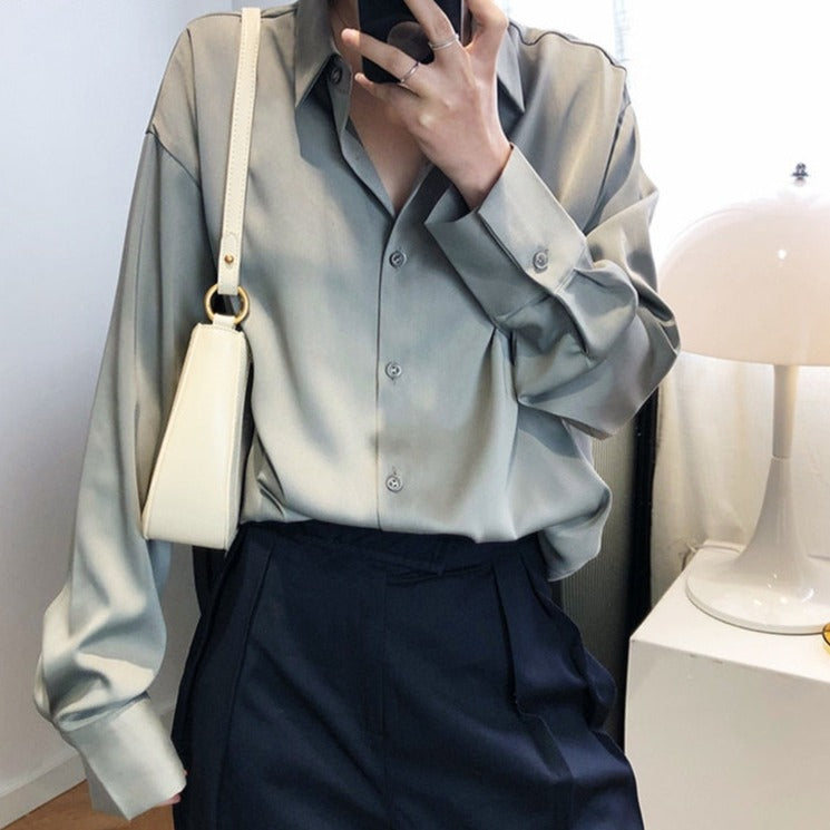 Satin Shirts Long Sleeve Turn Down Collar Elegant Office Ladies Workwear - MERGE.DAY.1.FREESTYLE