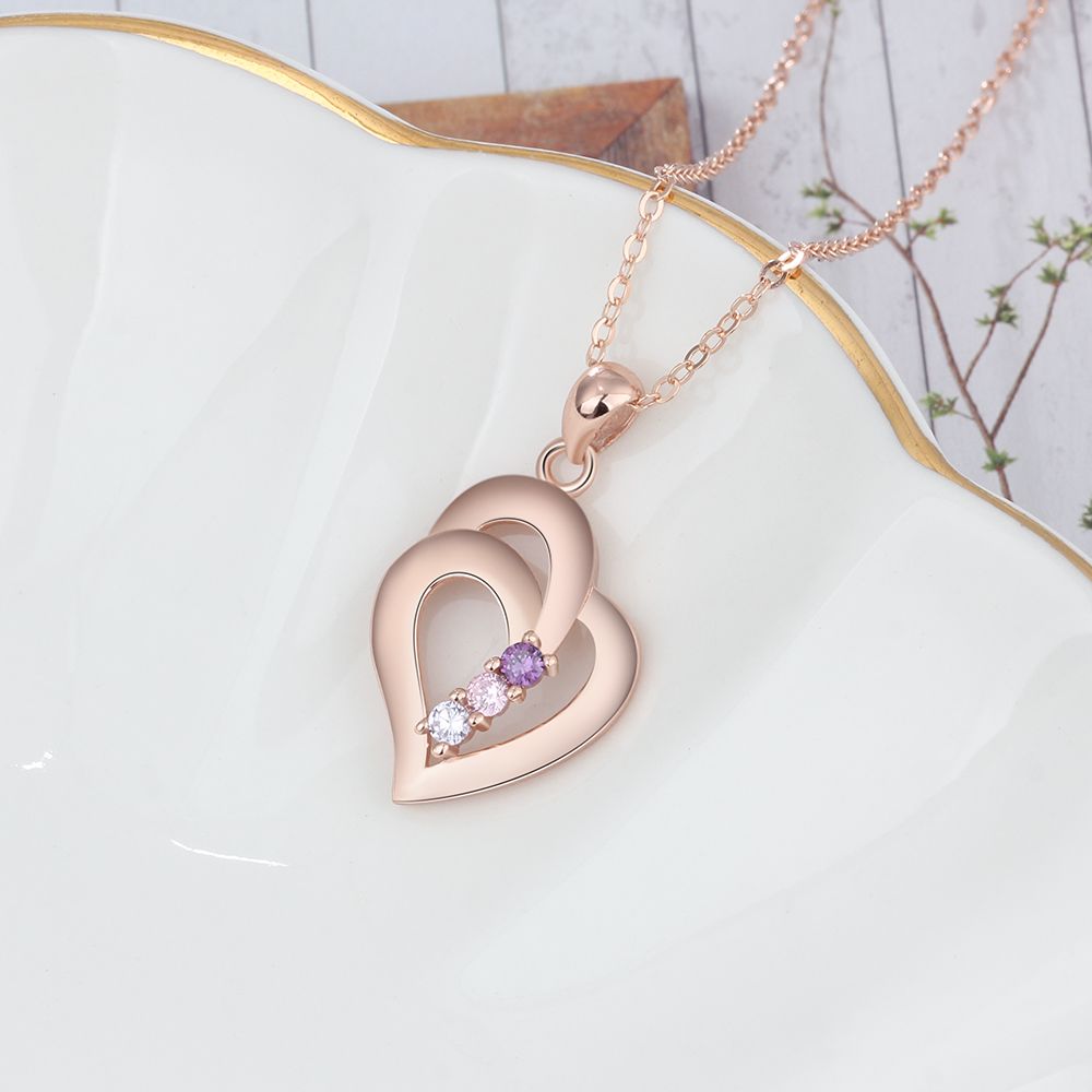 925 Sterling Silver Mothers Necklace with 3 Birthstones Romantic Name Heart Pendants - MERGE.DAY.1.FREESTYLE