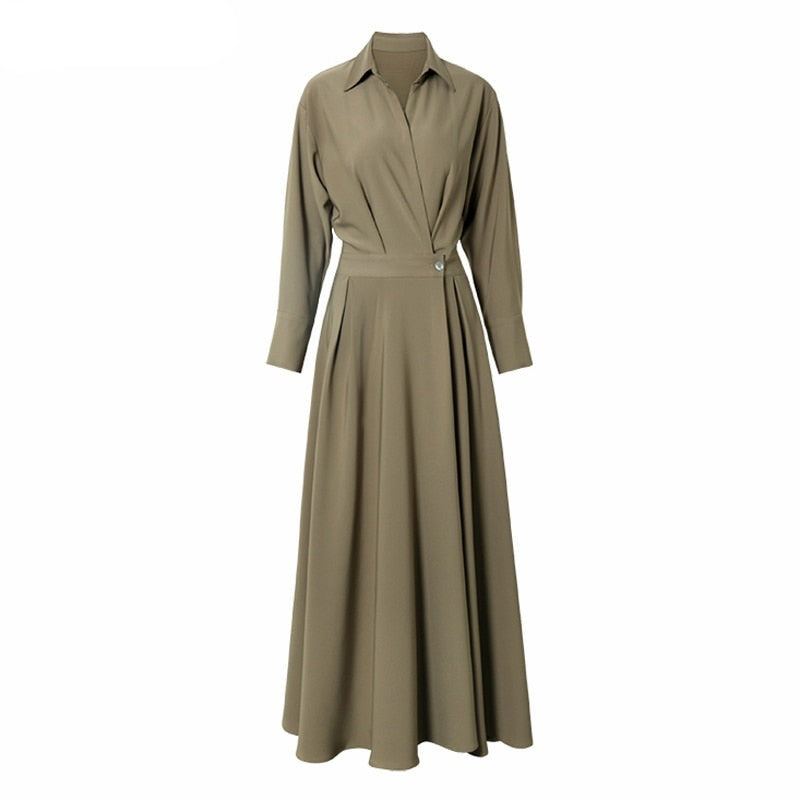 Turn-down Collar Women A-line Dress Long Sleeve Slim Waist Vestidos - MERGE.DAY.1.FREESTYLE