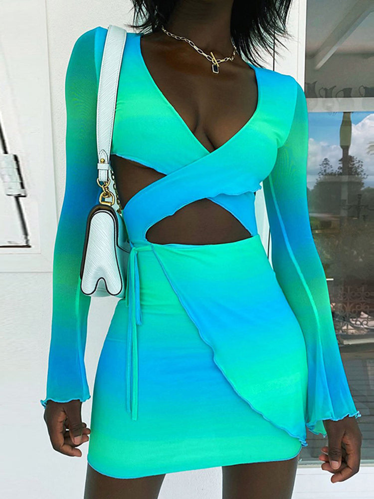 Sexy Tie Dye Bodycon Mini Dress Women Hollow Out Long Sleeve Mesh Skinny Summer 2022 - MERGE.DAY.1.FREESTYLE