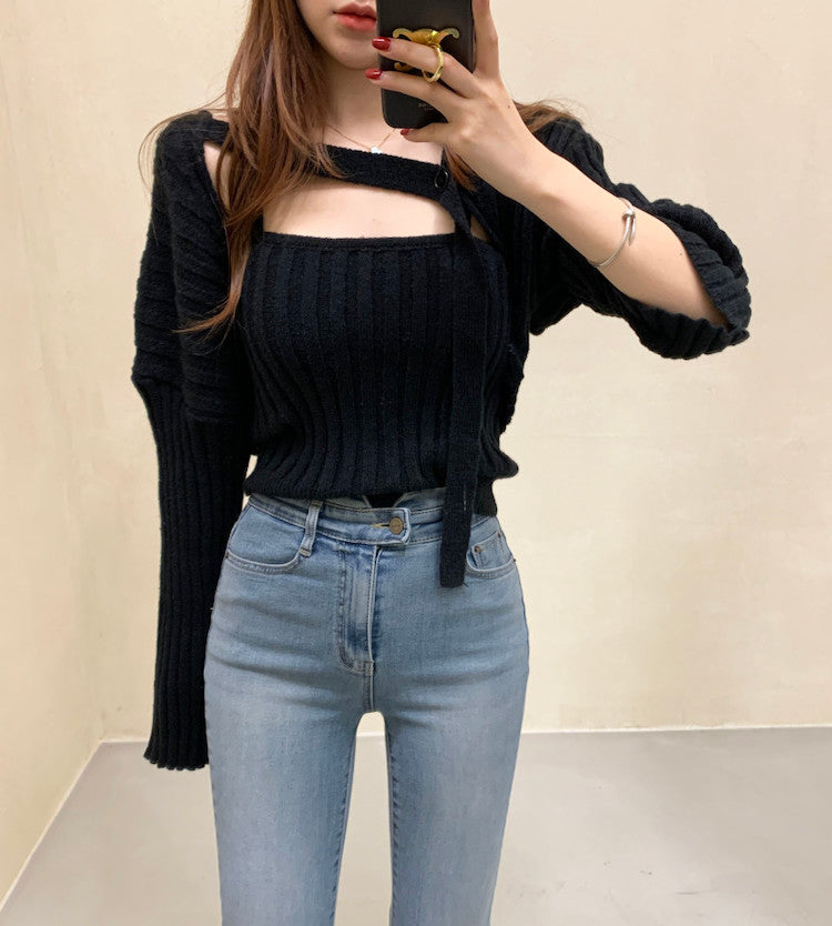 Camisole Knitted Cardigans Women Two Piece Sets 2021 Autumn Sweater Jacket Woman - MERGE.DAY.1.FREESTYLE