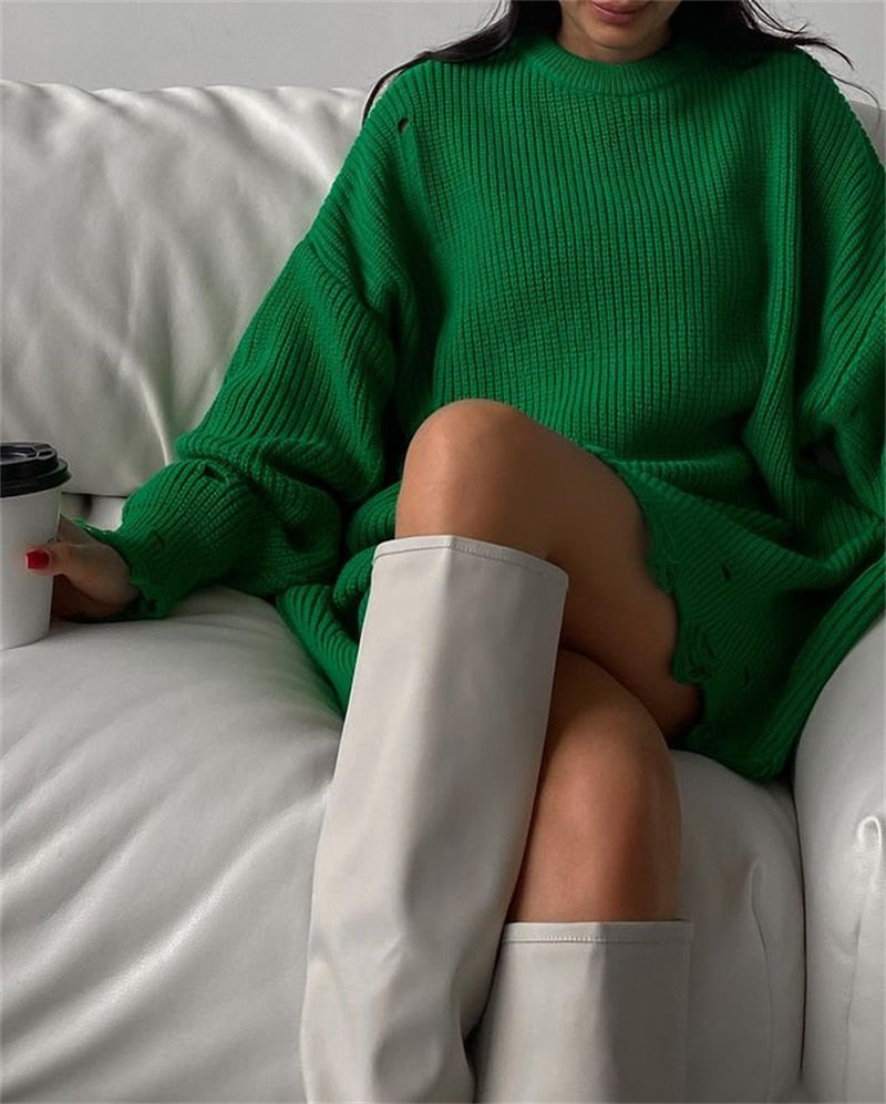 O Neck Oversized Mini Knitted Women Sweater Loose Dresses Autumn Winter Long Sleeve - MERGE.DAY.1.FREESTYLE