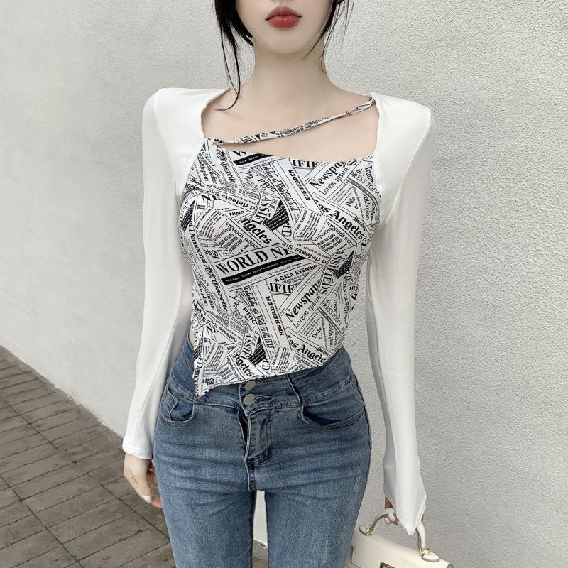 Letter Printed T-shirt Women Fake Two-piece Sexy Slim Long Sleeved Tops Female Cropped Tops - MERGE.DAY.1.FREESTYLE