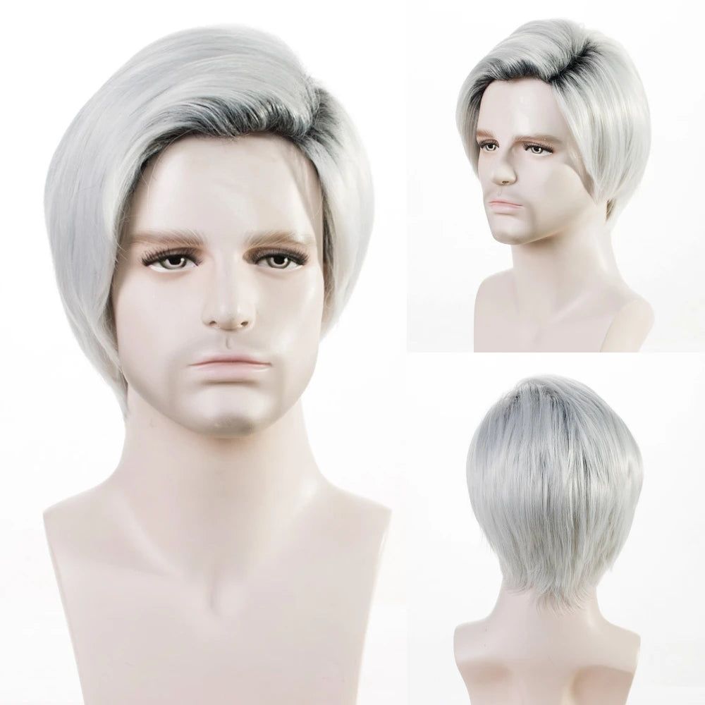 MSIWIGS Men Short Straight Wig Ombre Grey Brown Synthetic Wig White for Male Hair Fleeciness Realistic Natural Headgear - MERGE.DAY.1.FREESTYLE