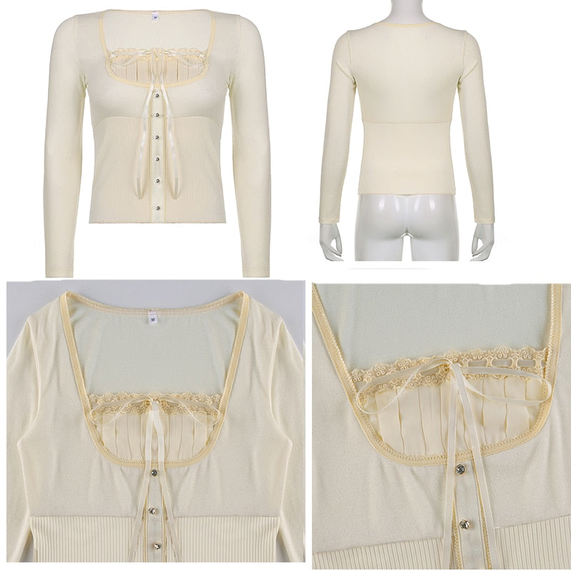 Sweet Cute Crop Top Lace Frill Bow Pullovers Vintage Square Collar T Shirt - MERGE.DAY.1.FREESTYLE