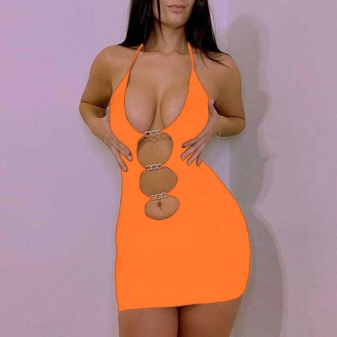 Sexy Hollow Mini Dresses Summer Women Solid Color Metal Chain Bodycon Sexy Sheath - MERGE.DAY.1.FREESTYLE