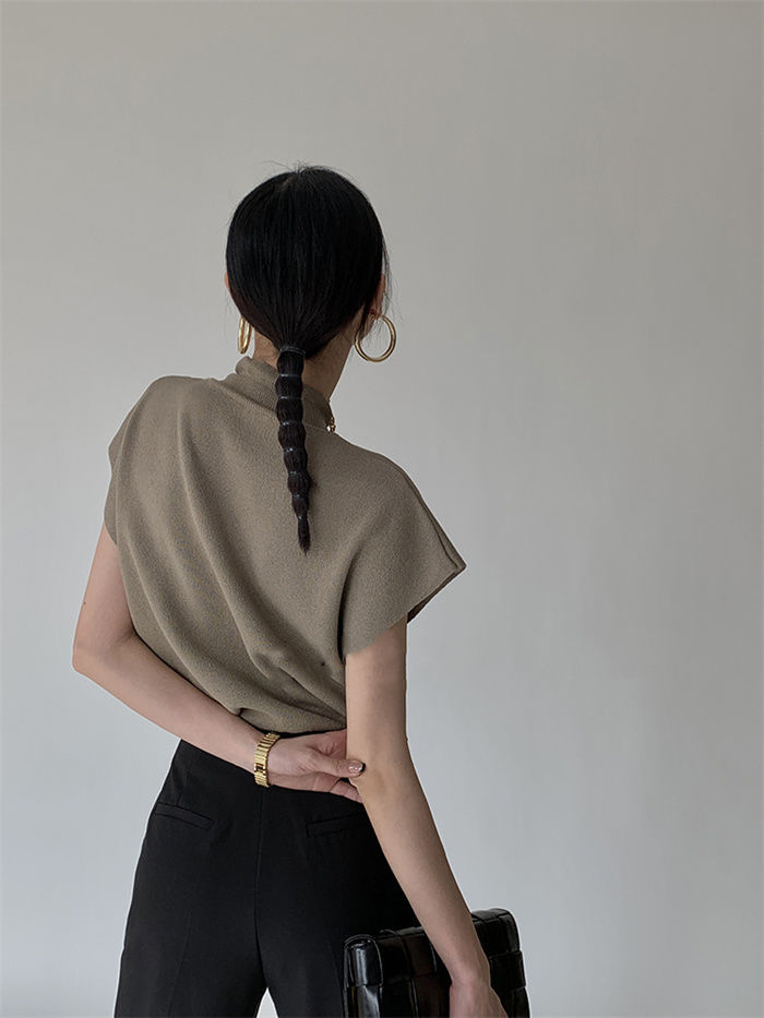French Turtleneck Knitted Women Spring Summer Design Loose Short Sleeve Cropped Tops Female - MERGE.DAY.1.FREESTYLE