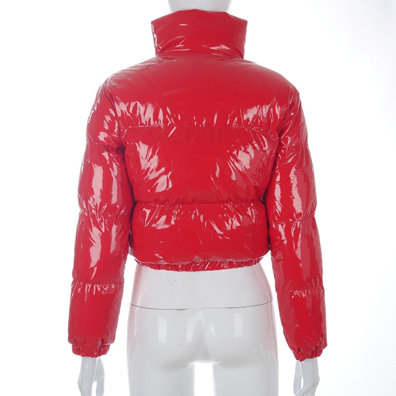 Faux PU Leather Y2K Bubble Puffer Winter Warm Jacket Women Long Sleeve Coats - MERGE.DAY.1.FREESTYLE
