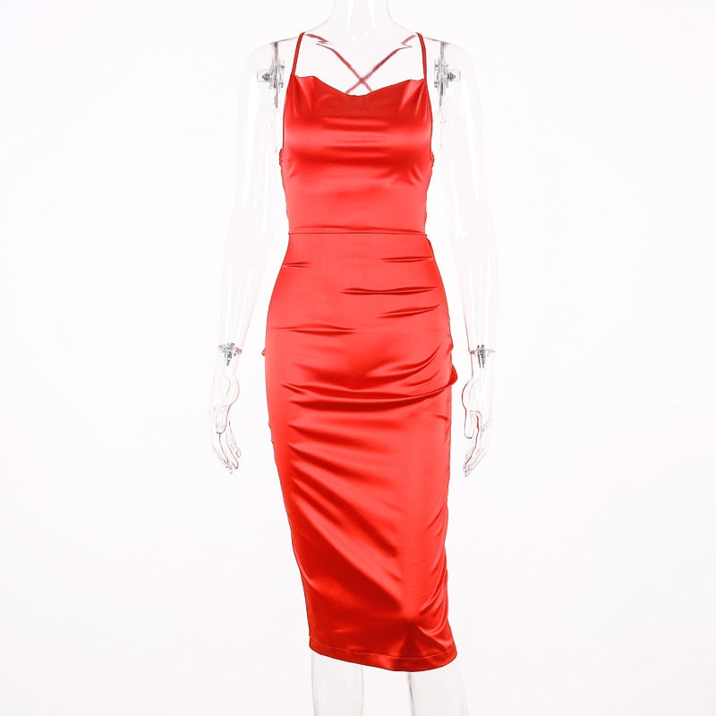 neon satin lace up 2022 summer women bodycon long midi dress sleeveless backless elegant party - MERGE.DAY.1.FREESTYLE