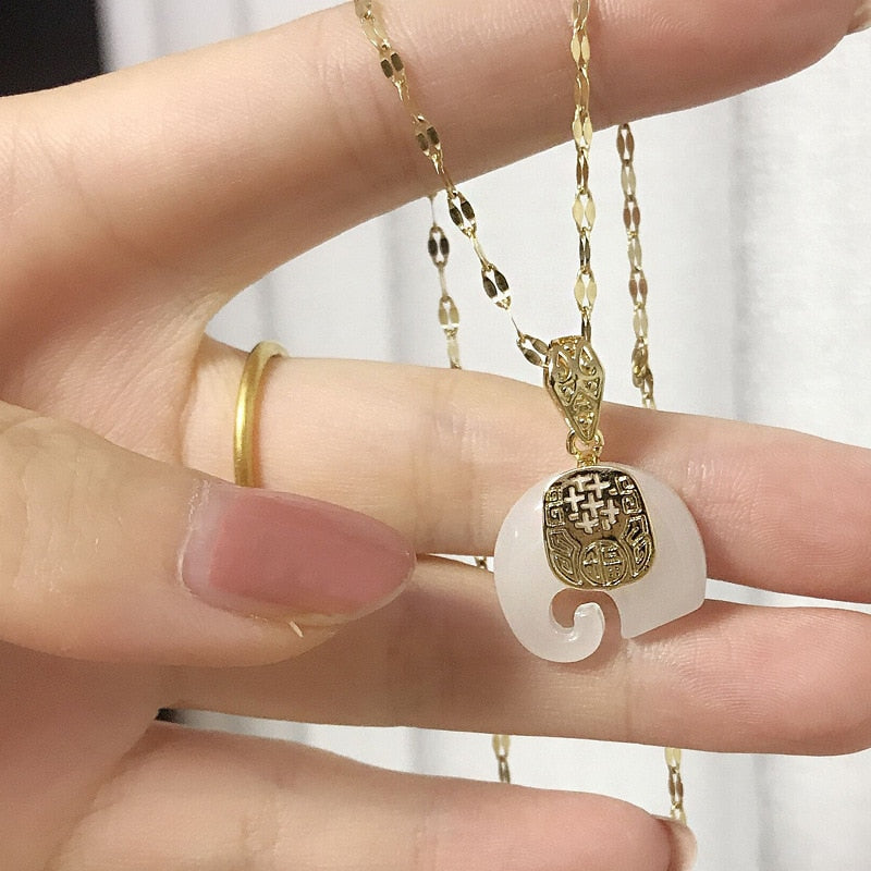 Vintage White Hetian Jade Elephant Pendant 18K Gold Plated Chain Necklace - MERGE.DAY.1.FREESTYLE