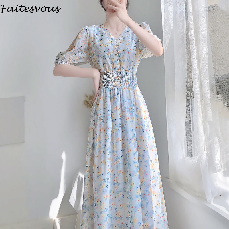 V-neck Chiffon Floral Dress Women Spring Summer Fairy Long Dresses Female - MERGE.DAY.1.FREESTYLE