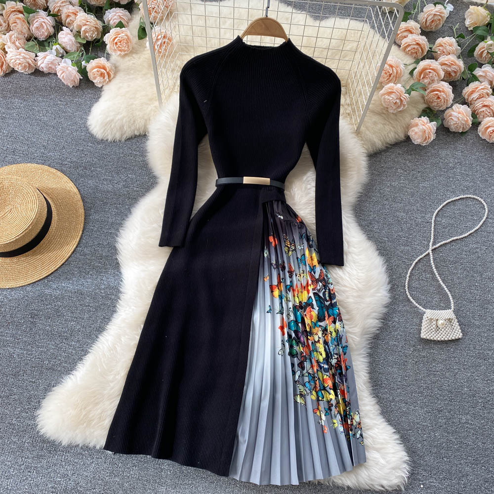 Knitted Patchwork Gradient Print Pleated Dress Long Sleeve Office One-Piece Sweater Dress With Belt - MERGE.DAY.1.FREESTYLE