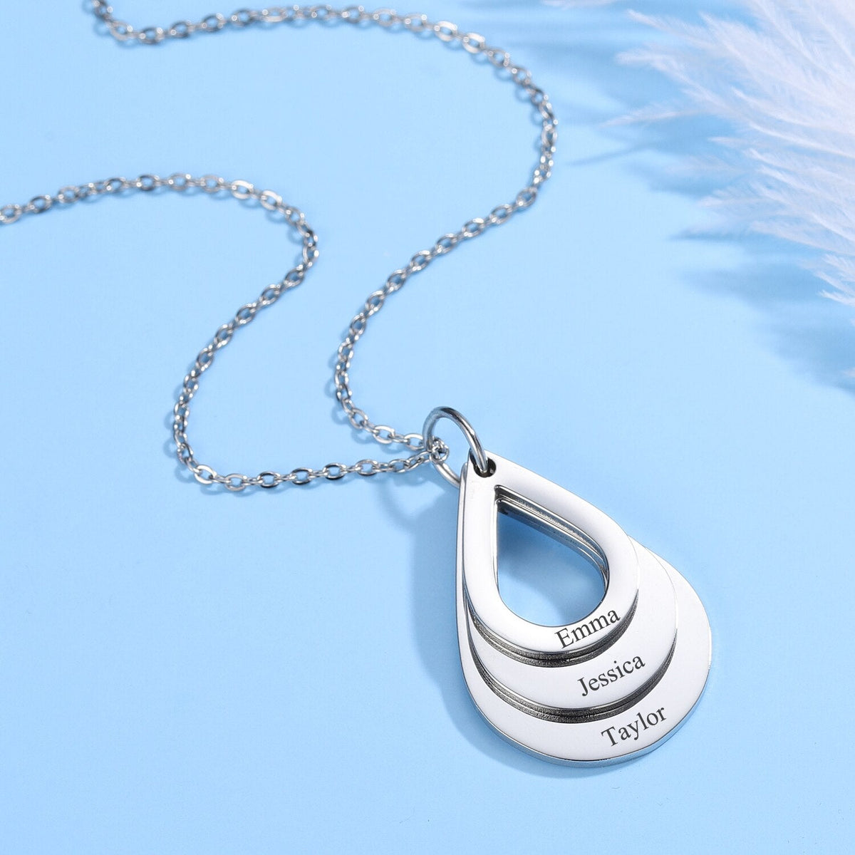 Personalized Name Necklaces Customized Engraved 3 Names Necklace Water Drop Shape Charm - MERGE.DAY.1.FREESTYLE
