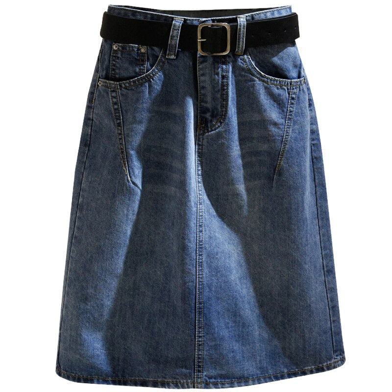 Denim Skirts with Belt Casual Loose High Waist Mid Length Skirts - MERGE.DAY.1.FREESTYLE