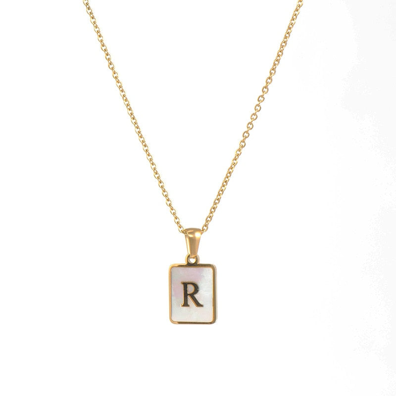 18K Golden Chain Necklaces Male Square Natural Shell Initial Letters Pendant Stainless Steel Jewelry - MERGE.DAY.1.FREESTYLE