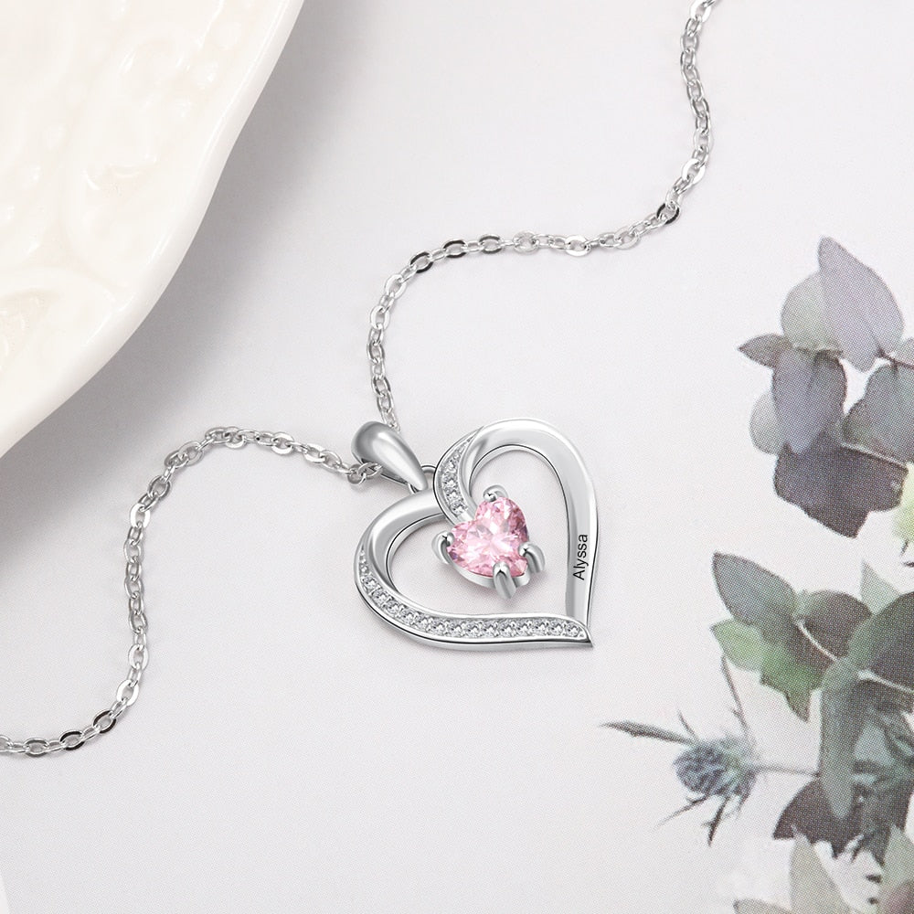 Engrave Name Heart Pendants with Customize Birthstone Necklace - MERGE.DAY.1.FREESTYLE